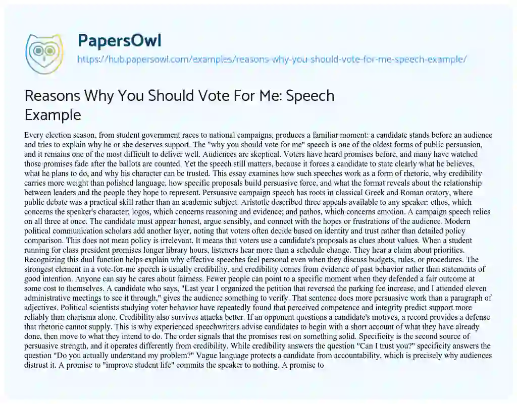 Essay on Reasons Why You Should Vote For Me: Speech Example