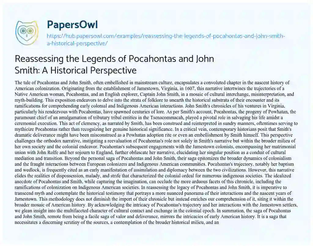 Essay on Reassessing the Legends of Pocahontas and John Smith: A Historical Perspective