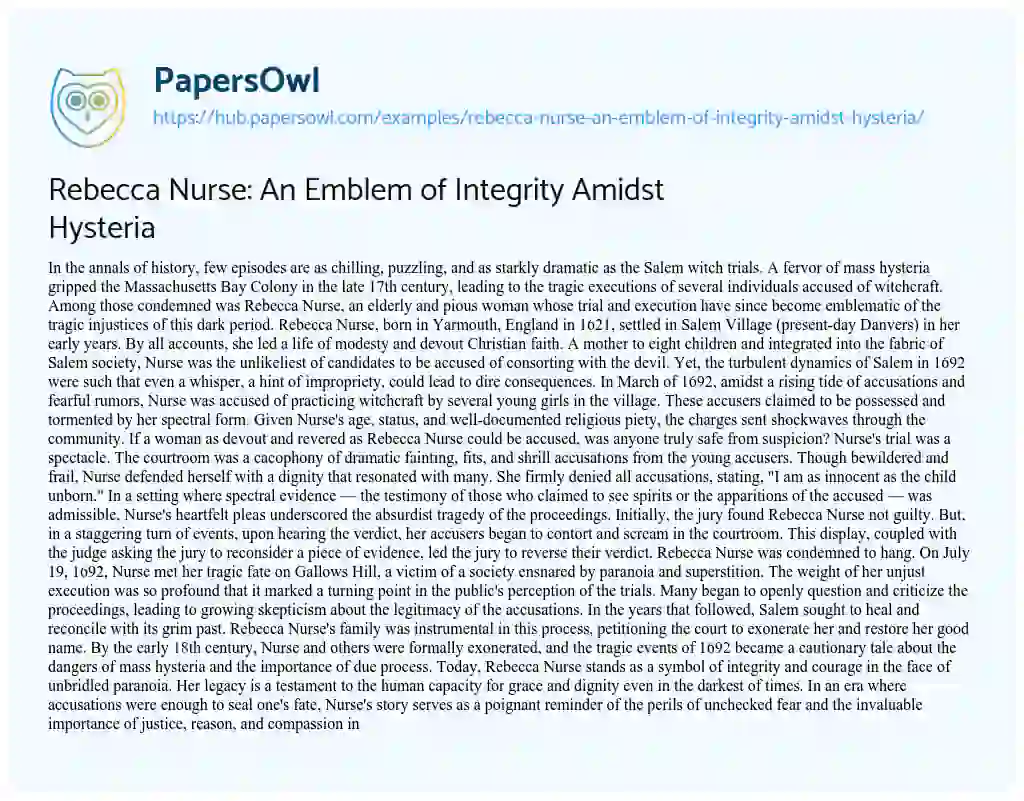 Essay on Rebecca Nurse: An Emblem of Integrity Amidst Hysteria