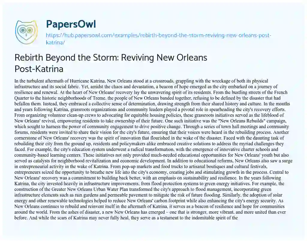 Essay on Rebirth Beyond the Storm: Reviving New Orleans Post-Katrina