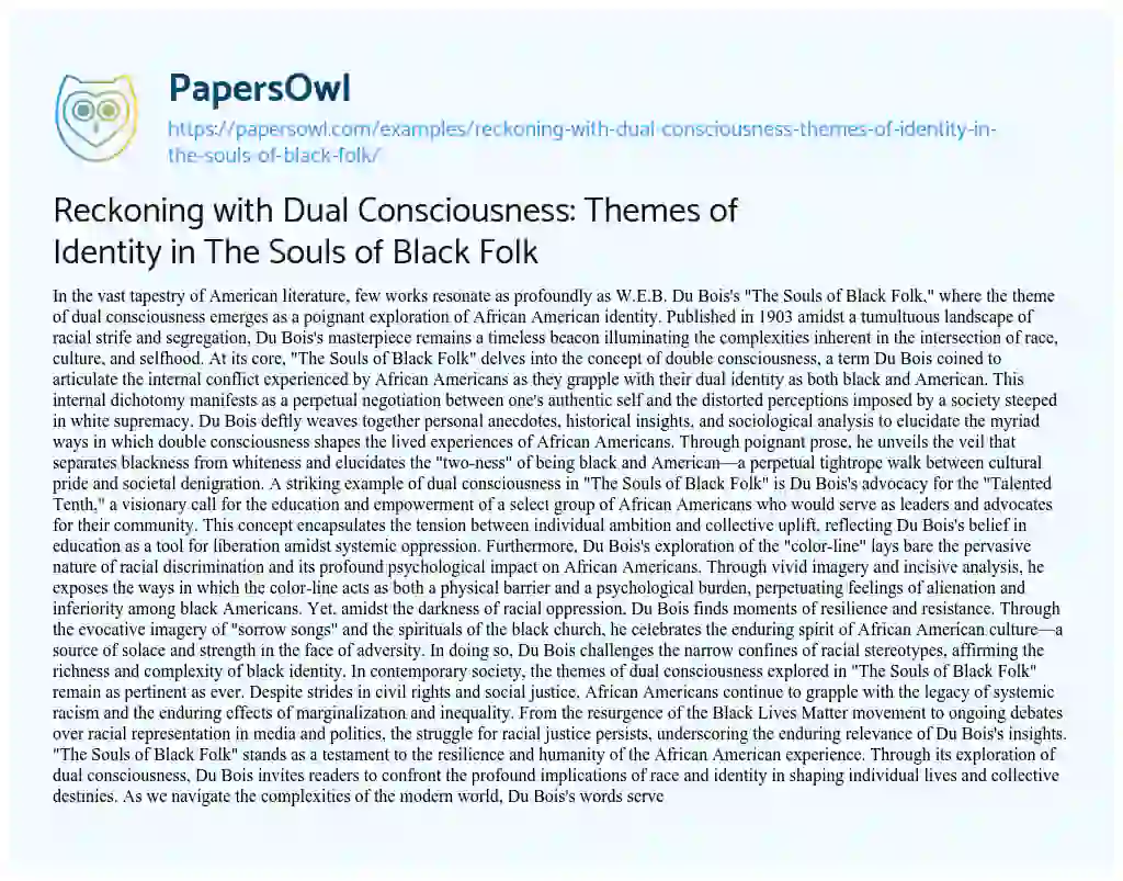 Essay on Reckoning with Dual Consciousness: Themes of Identity in The Souls of Black Folk