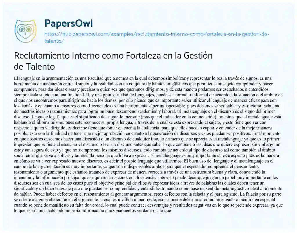 Essay on Reclutamiento Interno como Fortaleza en la Gestión de Talento