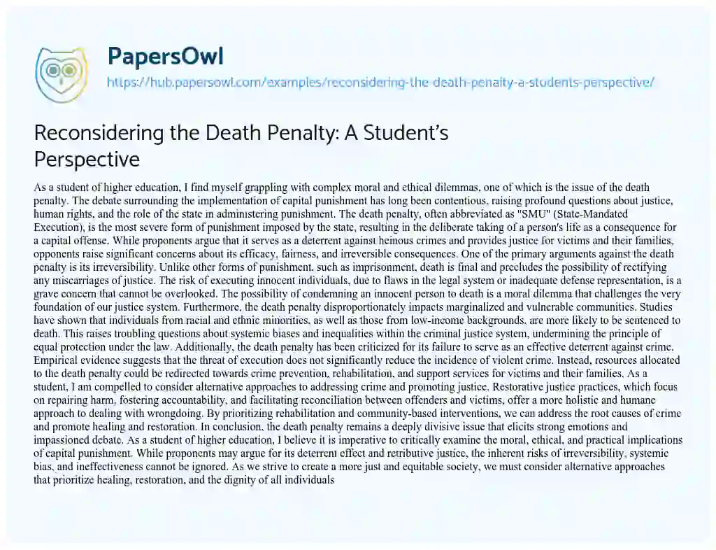 Essay on Reconsidering the Death Penalty: A Student’s Perspective