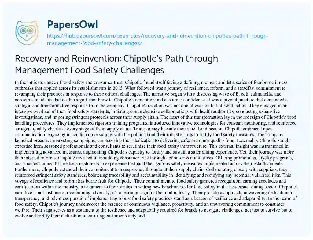 Essay on Recovery and Reinvention: Chipotle’s Path through Management Food Safety Challenges