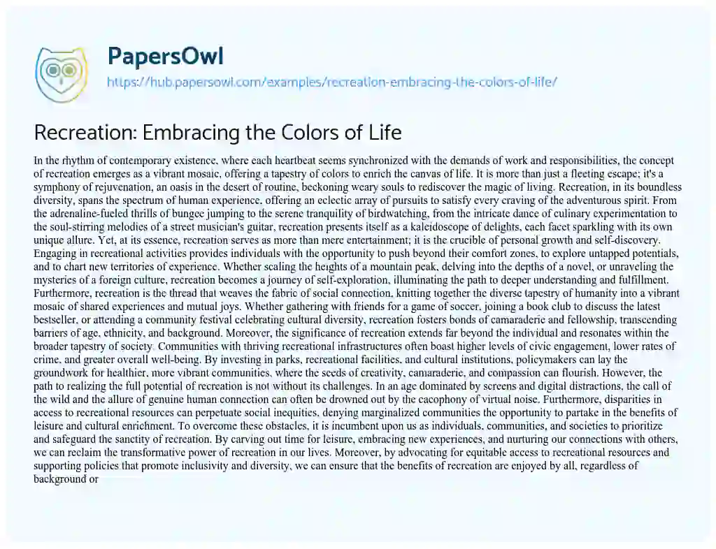 Essay on Recreation: Embracing the Colors of Life
