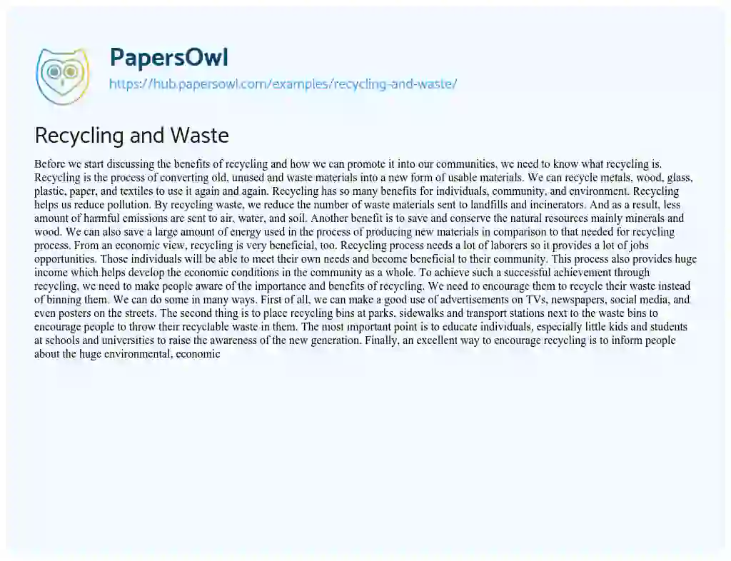 Essay on Recycling and Waste
