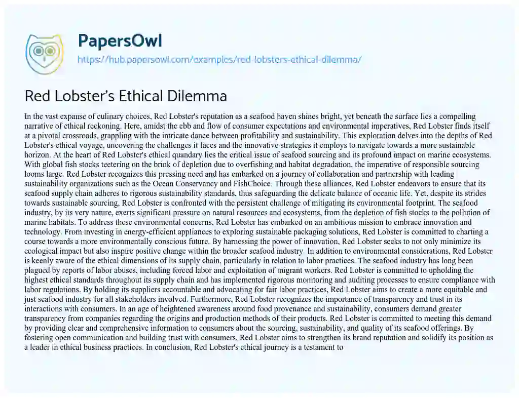 Essay on Red Lobster’s Ethical Dilemma