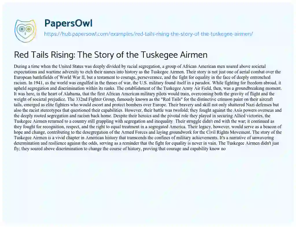 Essay on Red Tails Rising: The Story of the Tuskegee Airmen