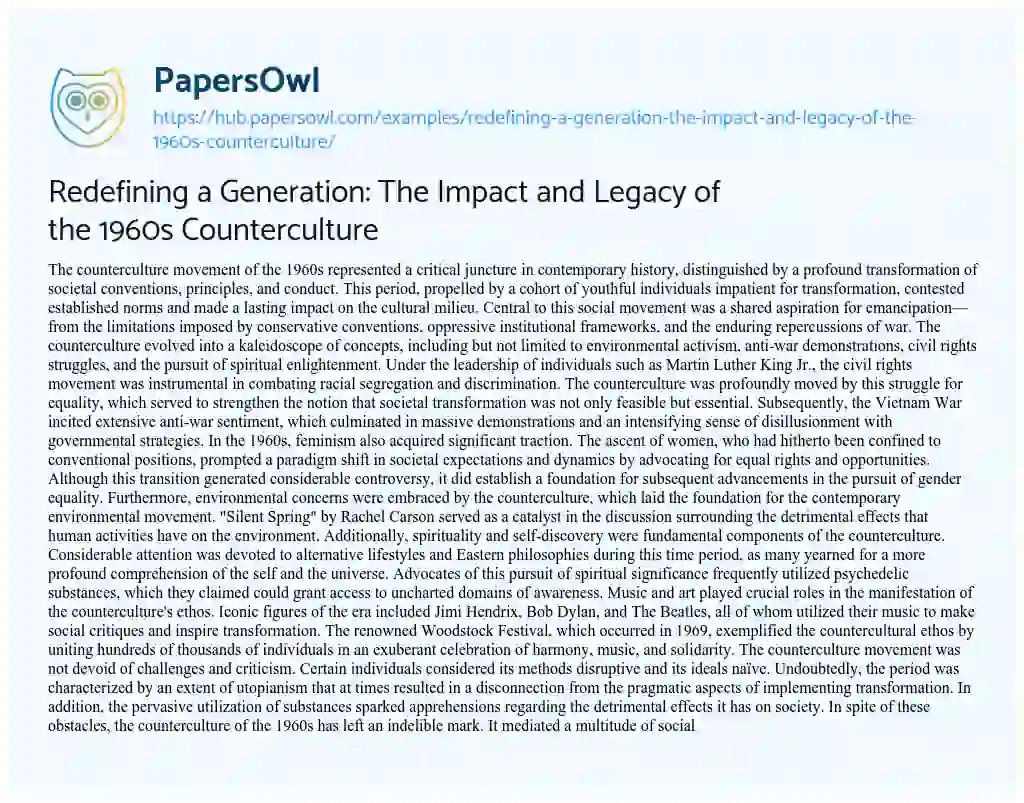 Essay on Redefining a Generation: The Impact and Legacy of the 1960s Counterculture