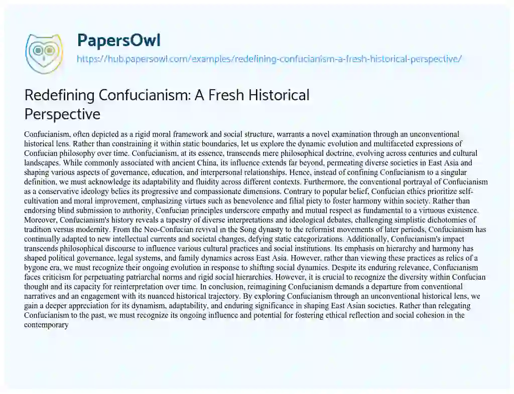 Essay on Redefining Confucianism: A Fresh Historical Perspective