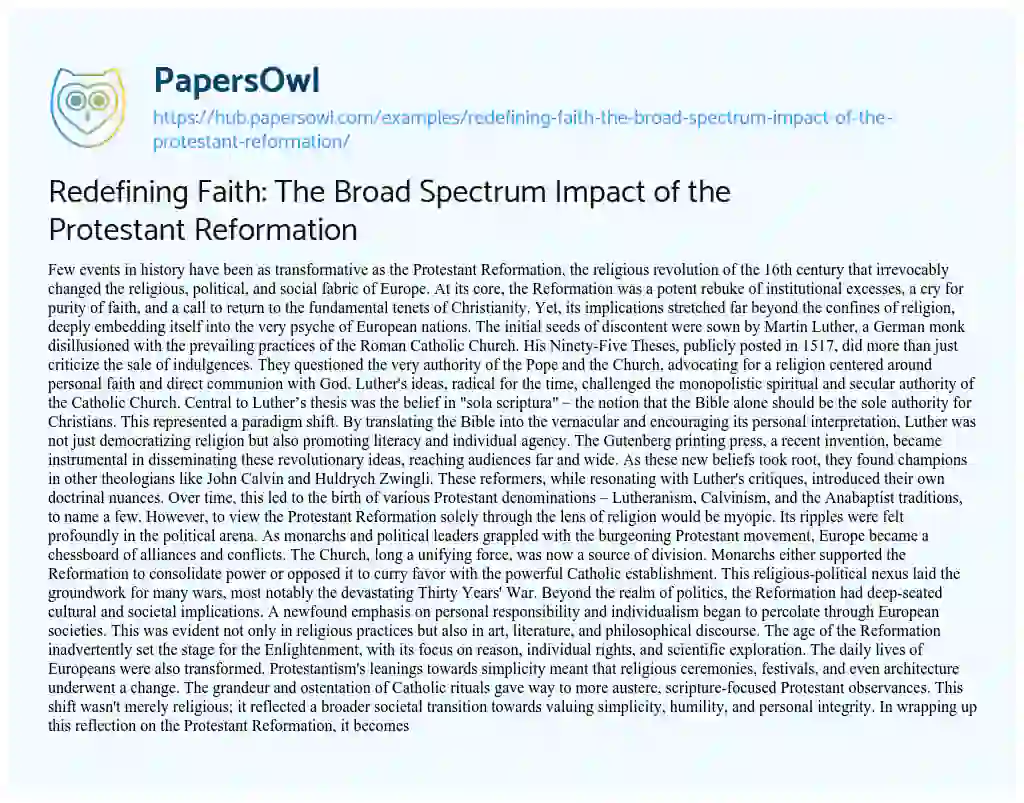 Essay on Redefining Faith: The Broad Spectrum Impact of the Protestant Reformation