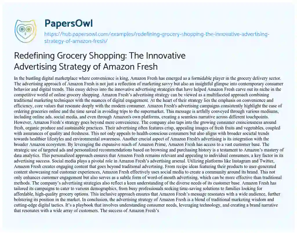 Essay on Redefining Grocery Shopping: The Innovative Advertising Strategy of Amazon Fresh