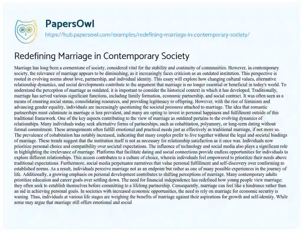 Essay on Redefining Marriage in Contemporary Society