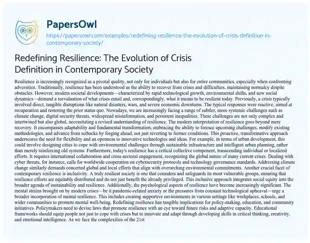 Essay on Redefining Resilience: The Evolution of Crisis Definition in Contemporary Society