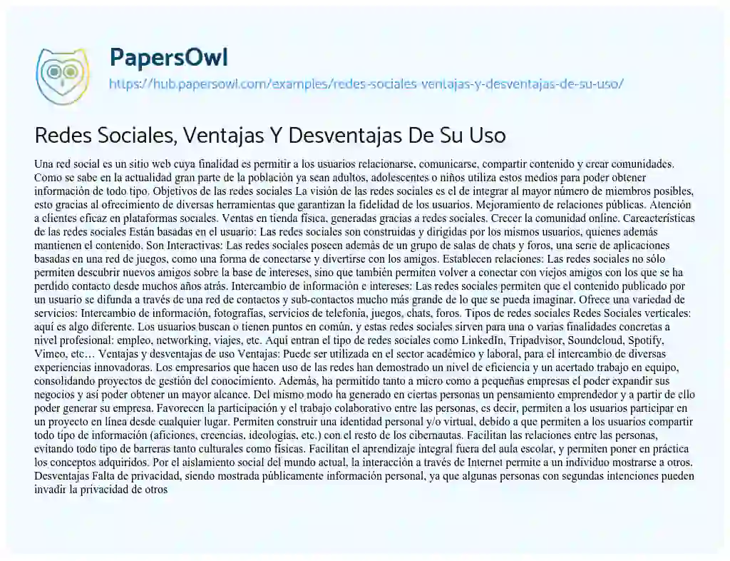 Essay on Redes Sociales, Ventajas Y Desventajas De Su Uso