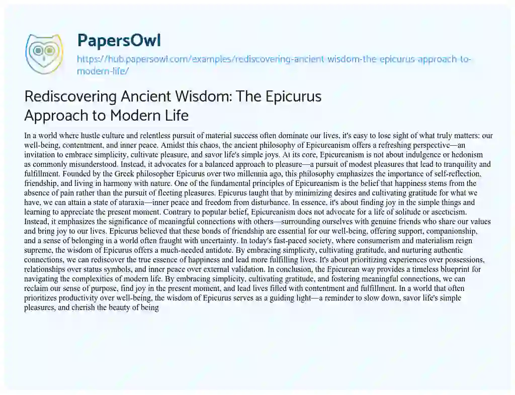 Essay on Rediscovering Ancient Wisdom: The Epicurus Approach to Modern Life