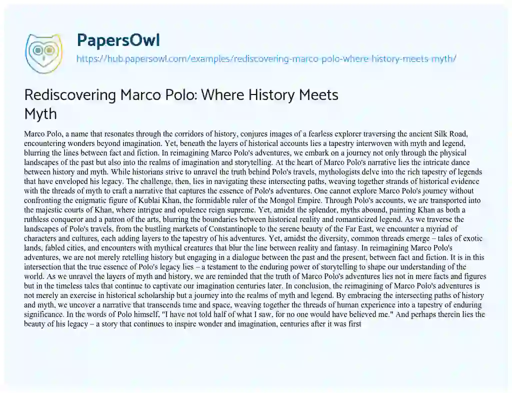 Essay on Rediscovering Marco Polo: Where History Meets Myth