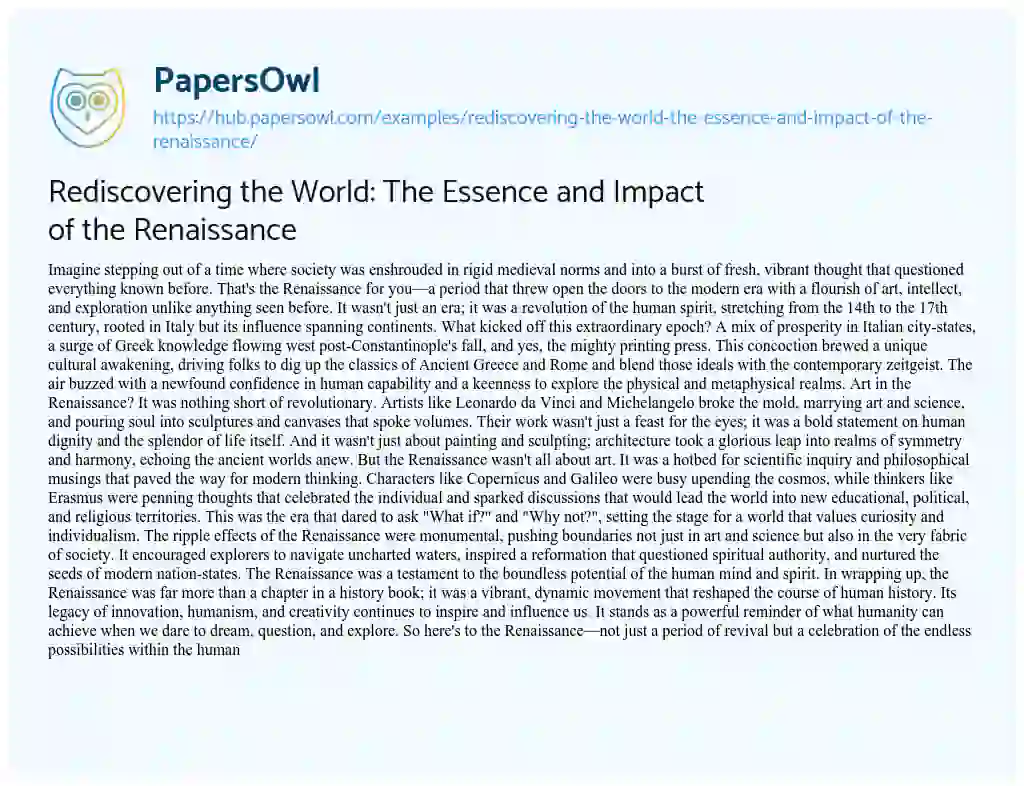 Essay on Rediscovering the World: The Essence and Impact of the Renaissance