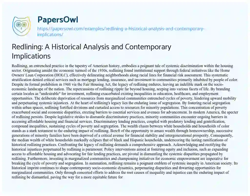 Essay on Redlining: A Historical Analysis and Contemporary Implications