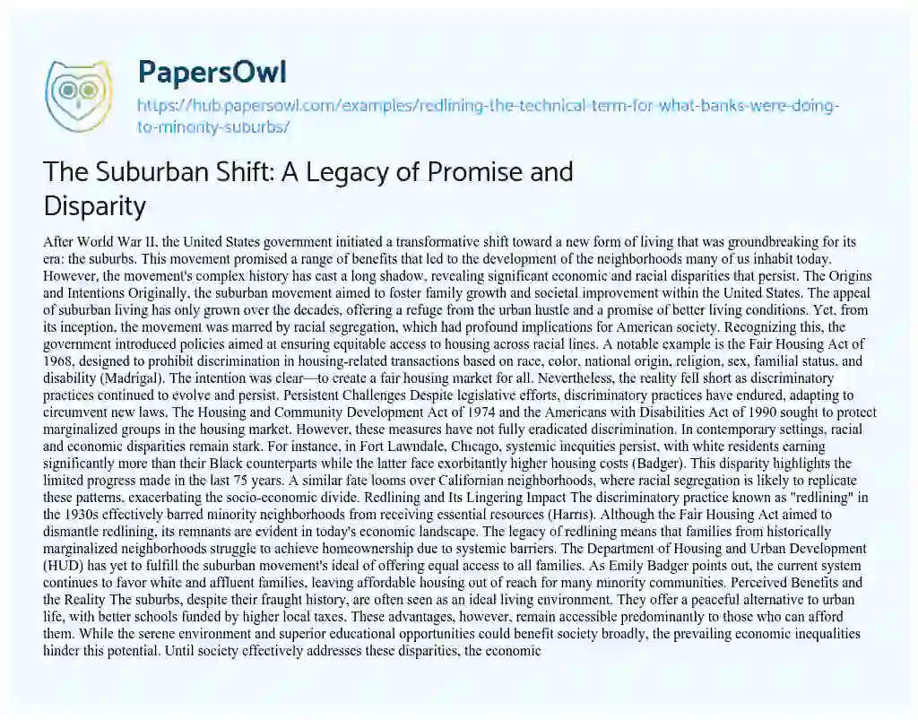 Essay on The Suburban Shift: A Legacy of Promise and Disparity