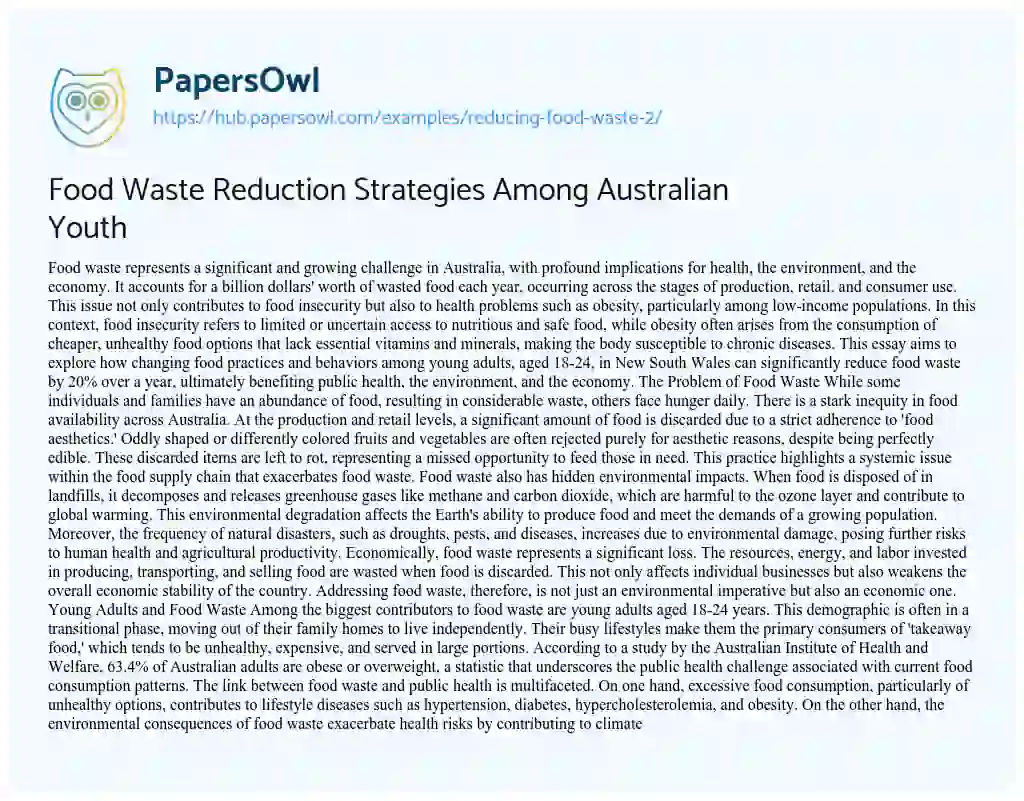 Essay on Food Waste Reduction Strategies Among Australian Youth