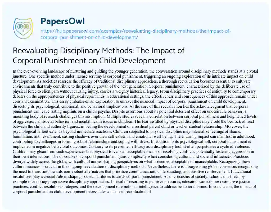 Essay on Reevaluating Disciplinary Methods: The Impact of Corporal Punishment on Child Development