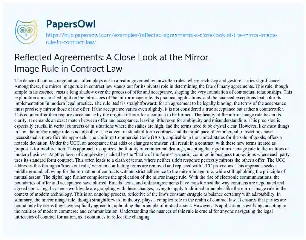 Essay on Reflected Agreements: A Close Look at the Mirror Image Rule in Contract Law