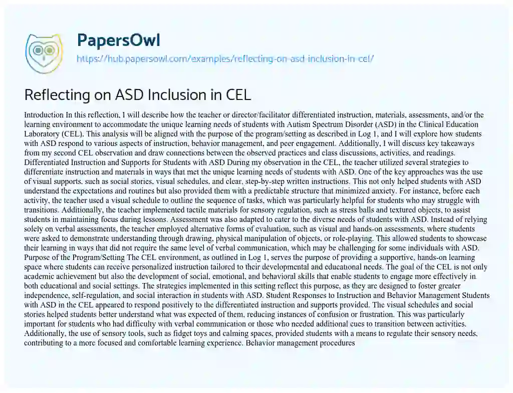 Essay on Reflecting on ASD Inclusion in CEL