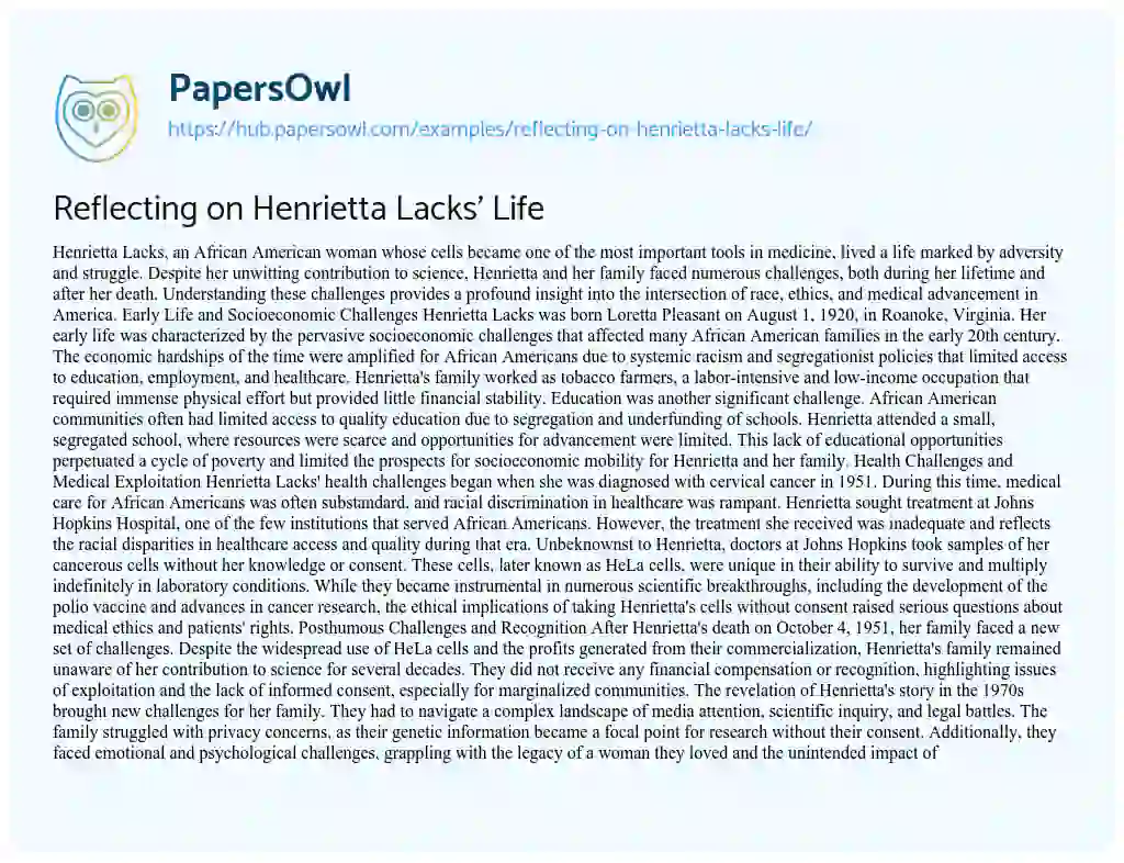 Essay on Reflecting on Henrietta Lacks’ Life