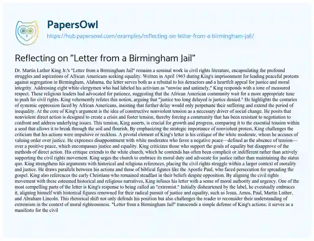 Essay on Reflecting on “Letter from a Birmingham Jail”
