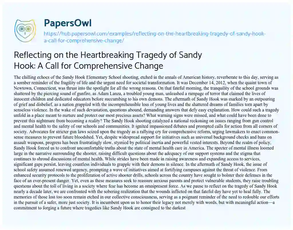 Essay on Reflecting on the Heartbreaking Tragedy of Sandy Hook: A Call for Comprehensive Change