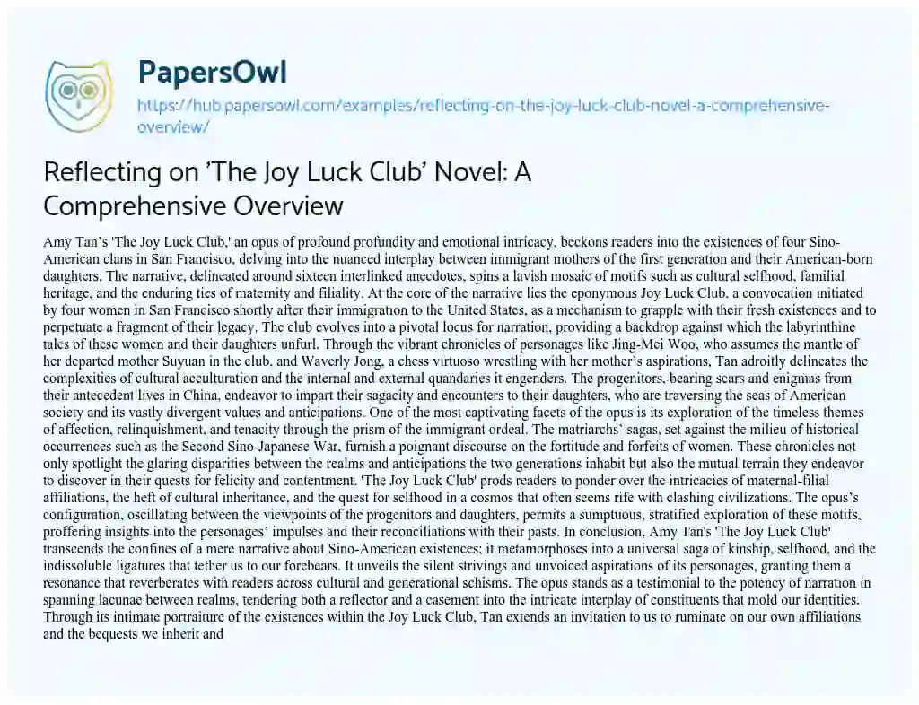 Essay on Reflecting on ‘The Joy Luck Club’ Novel: A Comprehensive Overview