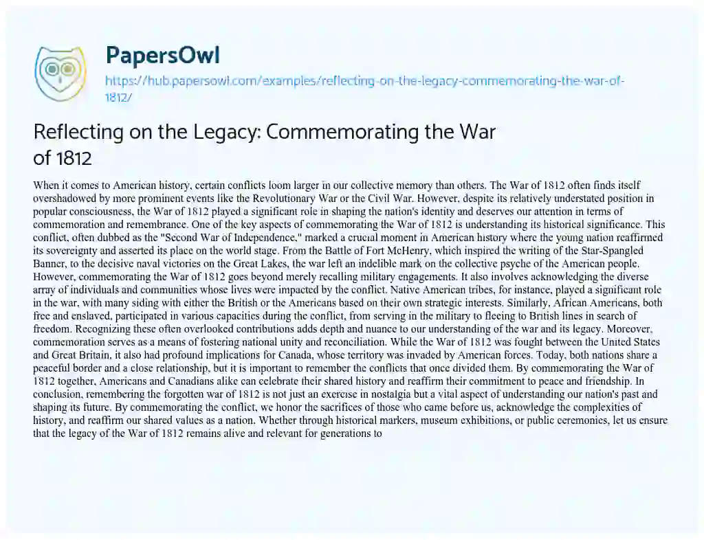 Essay on Reflecting on the Legacy: Commemorating the War of 1812