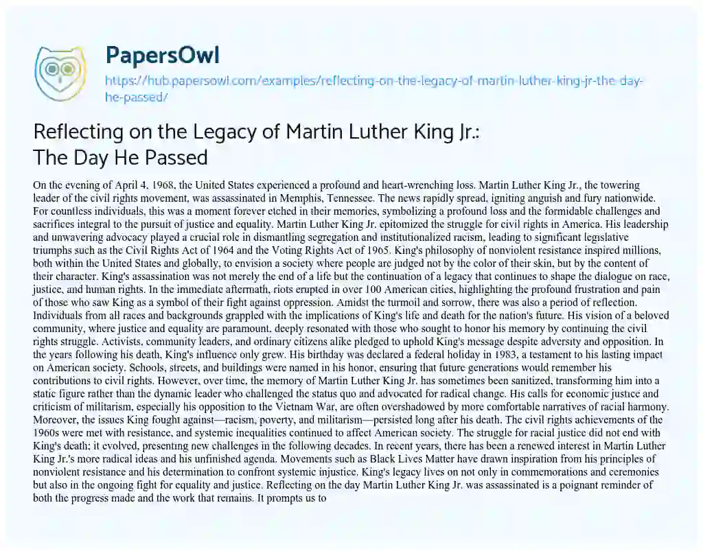 Essay on Reflecting on the Legacy of Martin Luther King Jr.: The Day He Passed