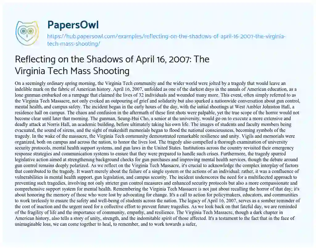 Essay on Reflecting on the Shadows of April 16, 2007: The Virginia Tech Mass Shooting