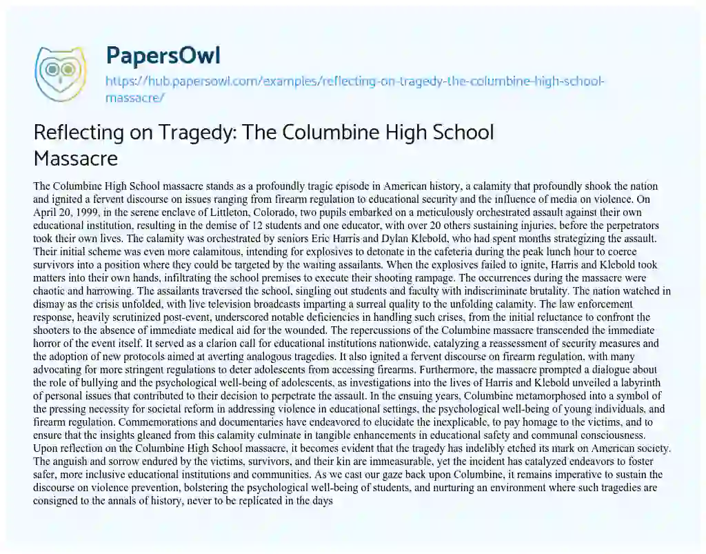 Essay on Reflecting on Tragedy: The Columbine High School Massacre