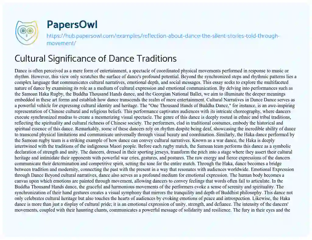 Essay on Cultural Significance of Dance Traditions