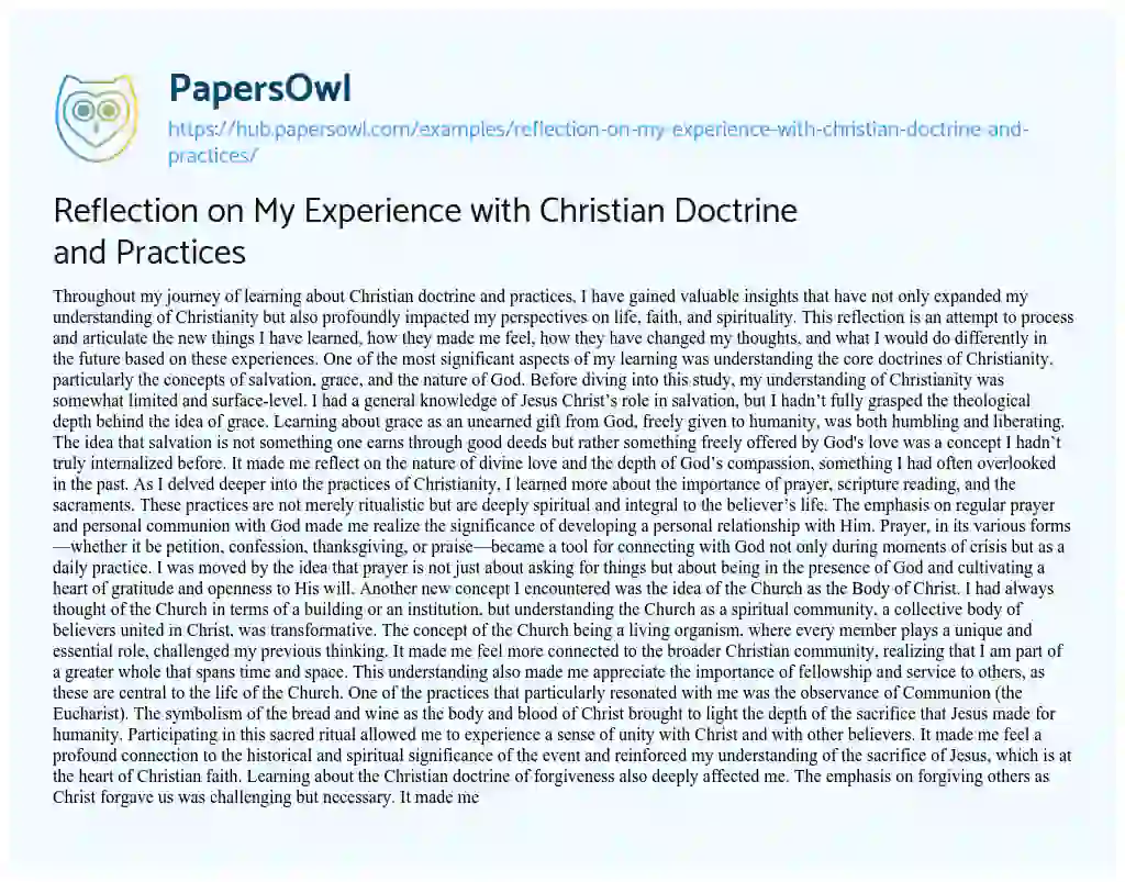 Essay on Reflection on My Experience with Christian Doctrine and Practices