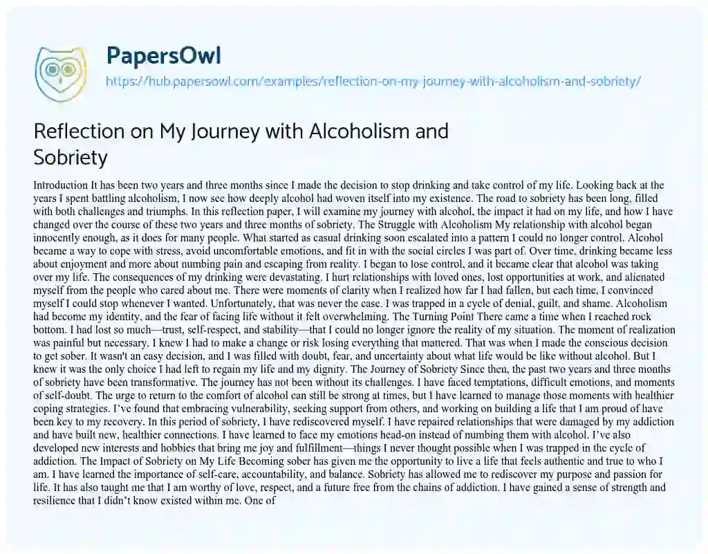 Essay on Reflection on My Journey with Alcoholism and Sobriety