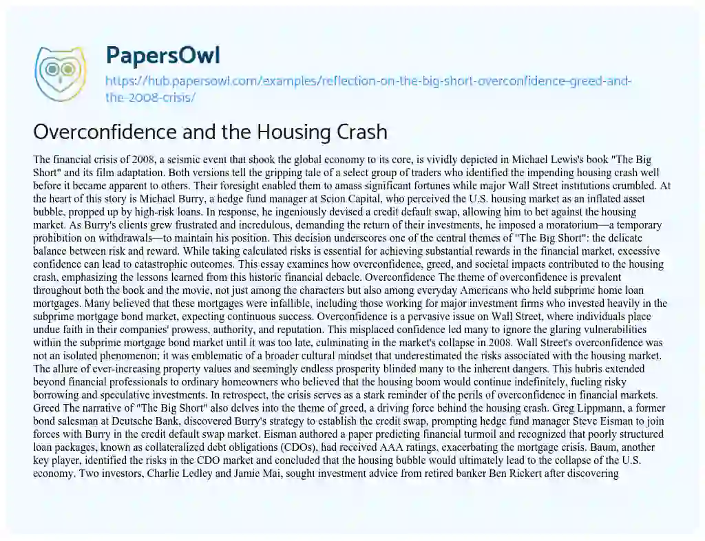 Essay on Overconfidence and the Housing Crash