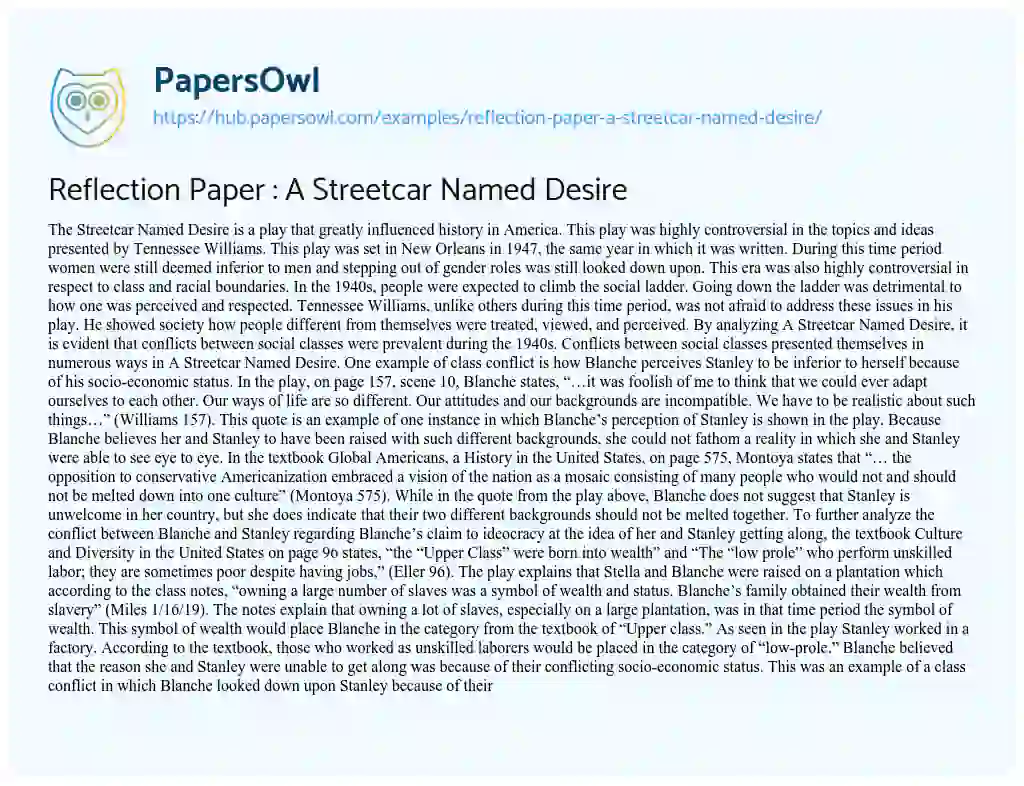 Essay on Reflection Paper : A Streetcar Named Desire