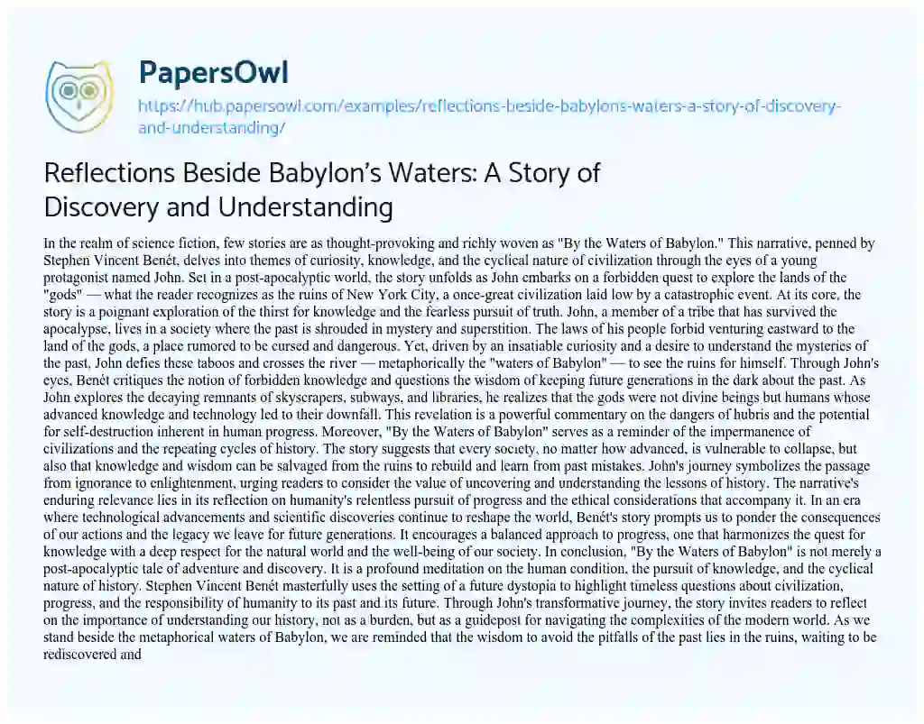 Essay on Reflections Beside Babylon’s Waters: A Story of Discovery and Understanding