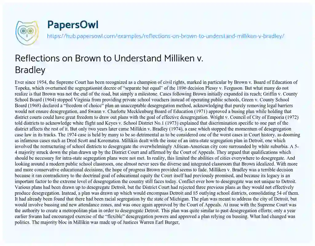 Essay on Reflections on Brown to Understand Milliken v. Bradley