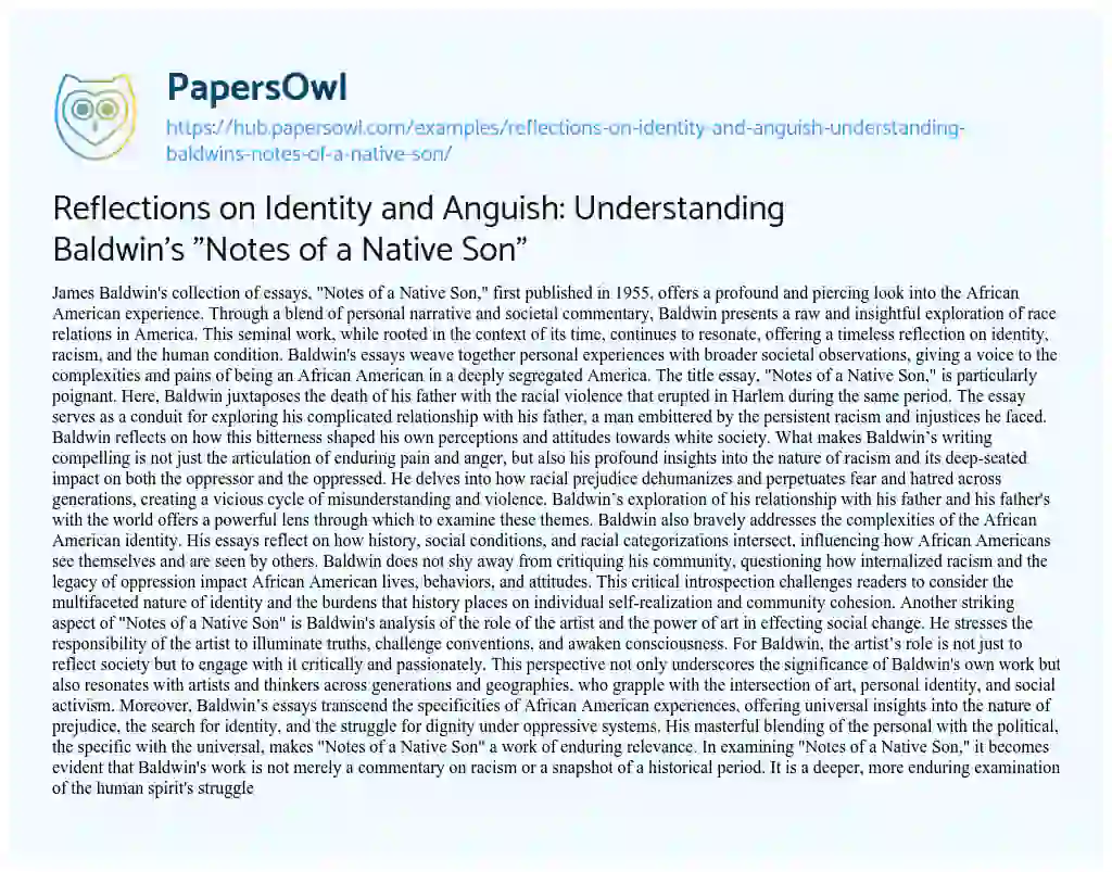 Essay on Reflections on Identity and Anguish: Understanding Baldwin’s “Notes of a Native Son”