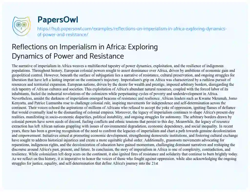 Essay on Reflections on Imperialism in Africa: Exploring Dynamics of Power and Resistance