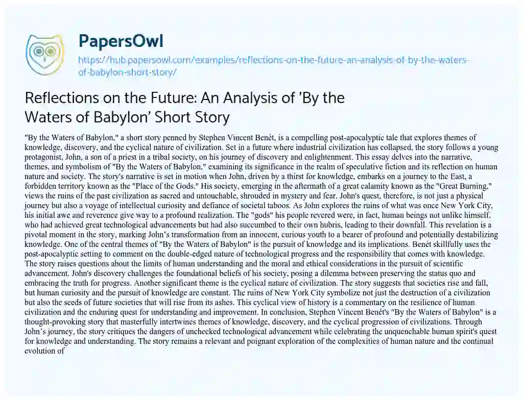 Essay on Reflections on the Future: An Analysis of ‘By the Waters of Babylon’ Short Story