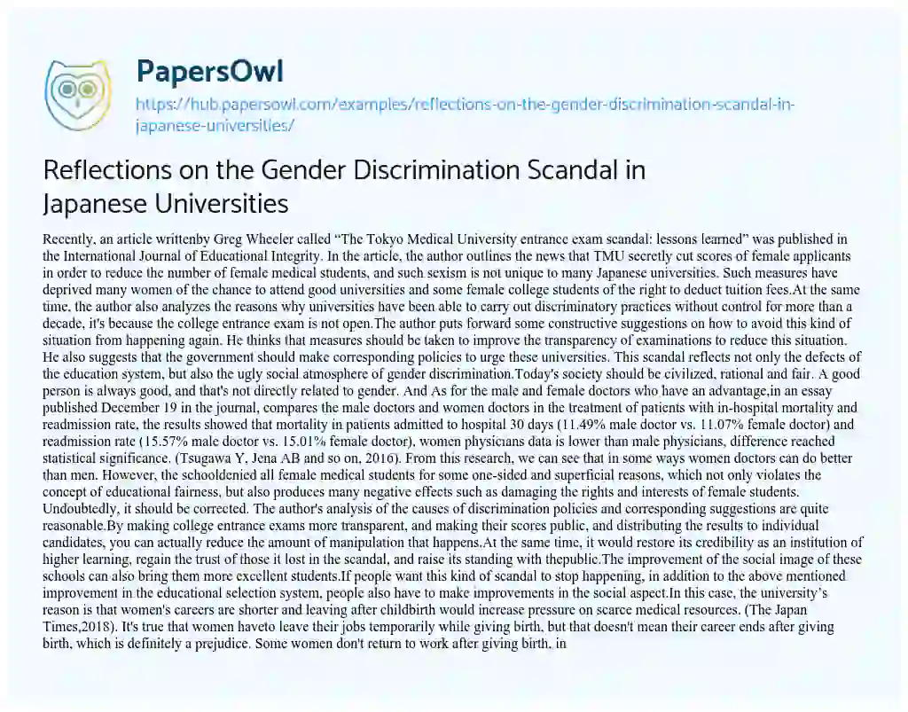 Essay on Reflections on the Gender Discrimination Scandal in Japanese Universities