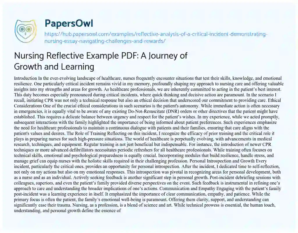 Essay on Nursing Reflective Example PDF: A Journey of Growth and Learning