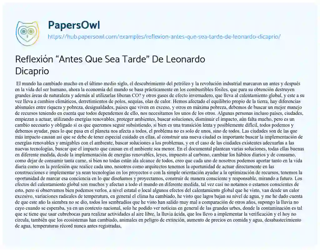 Essay on Reflexión “Antes Que Sea Tarde” De Leonardo Dicaprio