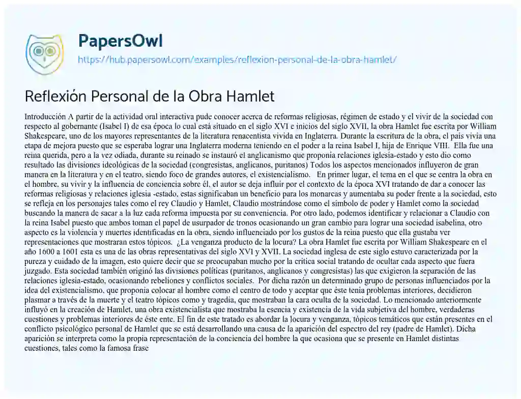 Essay on Reflexión Personal de la Obra Hamlet